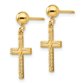 14K Gold Women's Cross Drop Earrings with Polished Textured Finish